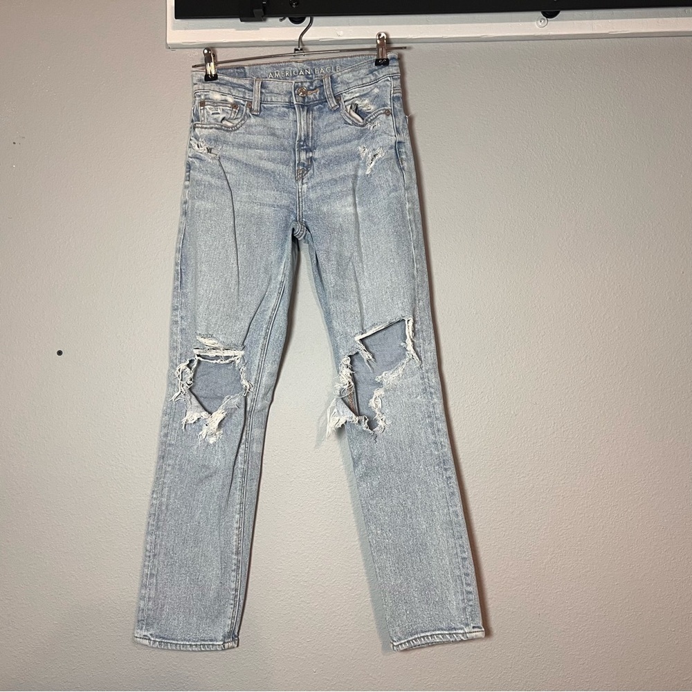 American Eagle Super High Rise Ankle Straight Jeans Women’s Size 00 Distressed - Picture 2 of 12
